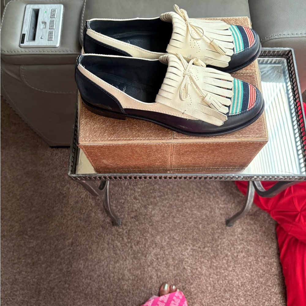 Tory Burch Cream and Black Fringe Loafers